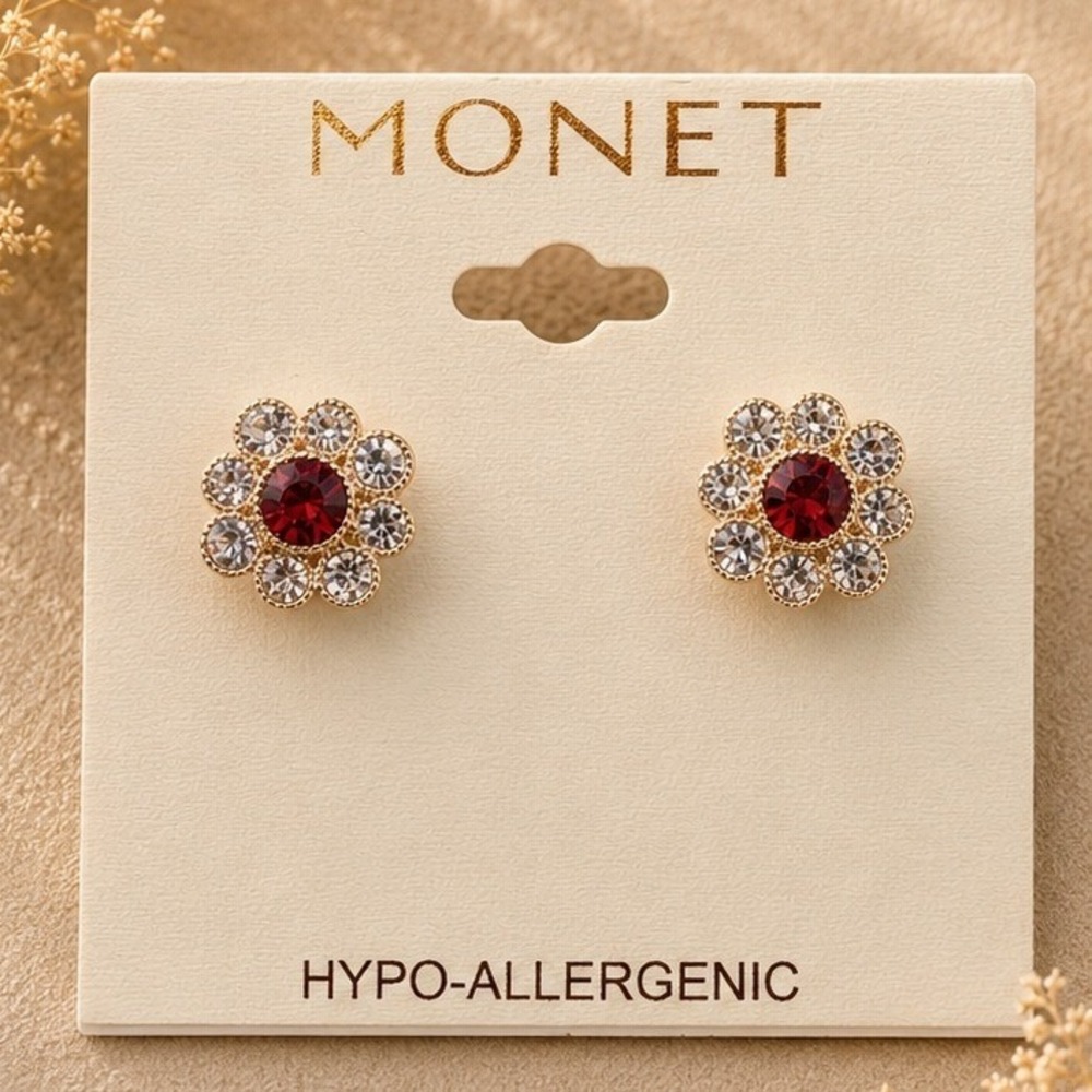Vintage Monet Pink Crystal Flower Stud Earrings Gold Tone Sample 2000s